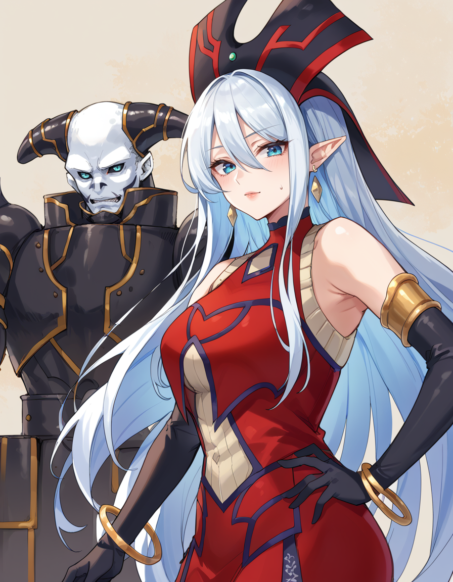 (score_9:0.9),score_8_up,score_7_up,rating_safe,anime style,(zPDXL),(zPDXL3),<lora:Ruin Queen of Oblivion ponyXL v1.1:0.8>,ruin queen of oblivion,1girl,gold bracelet,black elbow gloves,1boy,looking at viewer,red headwear,red dress,demise king of armageddon,full armor,mature female,