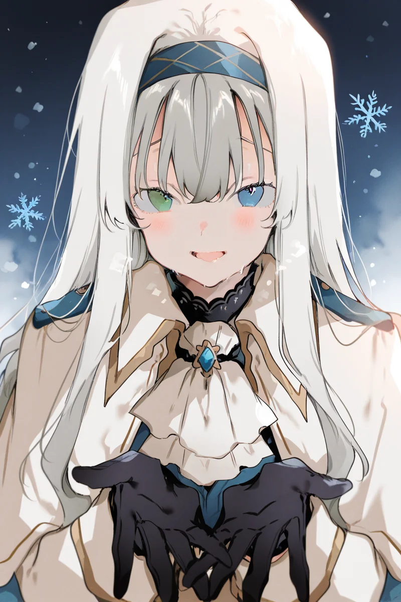 masterpiece, best quality, amazing quality,
<lora:Nonoyama_IL:1> nonoyama, 1girl, gloves, heterochromia, long hair, blue eyes, white ascot, black gloves, ascot, solo, bangs, looking at viewer, snowflakes, blush, open mouth, snowing, green eyes, smile