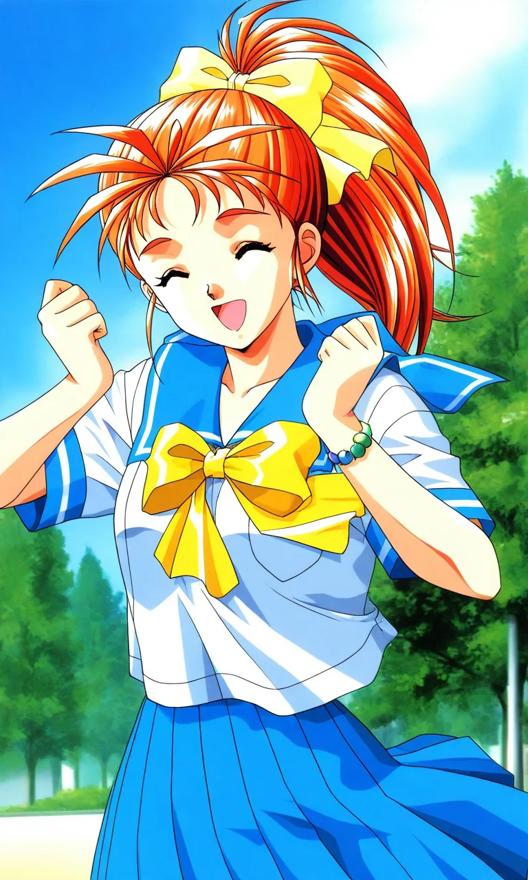 general,highres, ultra-detailed,very aesthetic,best quality ,best hands, BREAK <lora:Saotome_Yumi_Tokimeki_Memorial_IS:1>
Saotome_Yumi(Tokimeki_Memorial), 1girl, solo, closed eyes, orange hair, hair bow, high ponytail, long hair, small breasts,
open mouth, happy,
blue school uniform, serafuku, jewelry, yellow bow, Yellow bow, blue skirt, blue sailor collar, white shirt, pleated skirt, short sleeves, outdoor, tree, sky,