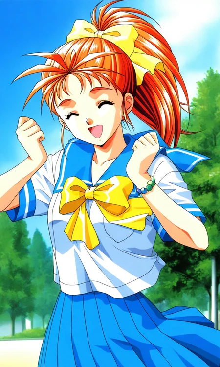 general,highres, ultra-detailed,very aesthetic,best quality ,best hands, BREAK <lora:Saotome_Yumi_Tokimeki_Memorial_IS:1>
Saotome_Yumi(Tokimeki_Memorial), 1girl, solo, closed eyes, orange hair, hair bow, high ponytail, long hair, small breasts,
open mouth, happy,
blue school uniform, serafuku, jewelry, yellow bow, Yellow bow, blue skirt, blue sailor collar, white shirt, pleated skirt, short sleeves, outdoor, tree, sky,