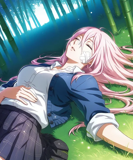 score_9, score_8_up, score_7_up, commission, dynamic view, dynamic angle, dynamic pose, dynamic lighting, good_hands, rating_safe, vein, 
bamboo forest, solo,
extended arms, lying on ground, on back, katana on side, (unconscious, closed eyes), sleeping, resting, hands on belly, legs,
[wide shot, high angle shot|close-up], (full body | upper body)
<lora:takezou_pony:0.9> shinmen takezou, ((long hair, pink hair, bandage on face)), hair between eyes, pink eyes, fit body, dark blue cardigan, white shirt, sleeves rolled up, grep skirt, short skirt, kneehighs, black socks, pleaded skirt,
expressive, expressiveh <lora:Expressive_H-000001:0.8>,
32k, (Masterpiece:1.0),(High Detailed Skin:1.0),( High Quality:1.0), (Official Art, Beautiful and Aesthetic:1.2), (Realistic Lighting:1.0), high detailed, high quality, masterpiece, no text, quality highlights, 8k detail, detailed background, ultra-detailed, beautiful eyes, (ultra detailed face), 
<lora:StS_PonyXL_Detail_Slider_v1.4_iteration_3:2>, <lora:Detailed anime style - SDXL_pony:0.25>, Details extra++ <lora:Add_more_details_pony:0.4>,