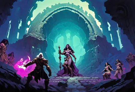 Dark vaporwave color palette, Fantasy painting, masterpiece by frank frazetta, androgynous, dungeon_party, group, muscular, fetish, fantasy masterpiece, a party of beautiful adventurers exploring an ancient dungeon, cyberpunk, vaporwave, arcane ruins