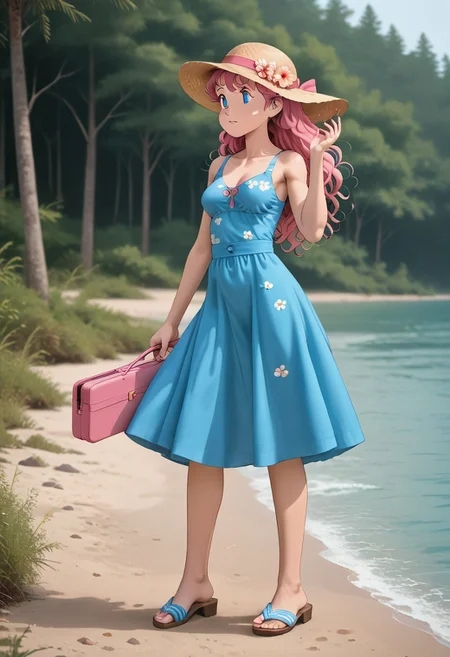 score_9_up, score_8_up, score_7_up, score_6_up, masterpiece, best quality, high quality, newest, highres, cote_style, 1girl, pink hair, long hair, blue eyes, medium breasts, summer dress, sandals, hat, outdoor, river, playing with puppy