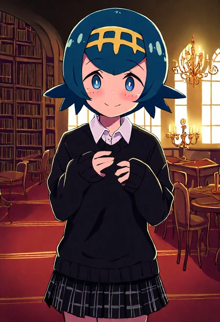 digital art, upper body shot, realistic 3D illustration, Dark Academia,, indoors, dark theme, tree, no humans, window, chair, table, plant, library, red carpet, candlestand, chandelier, books, dim lighting,
BREAK,
zzLana, yellow hairpiece, blue hair.
BREAK,
closed mouth, alternate costume, smile, looking at viewer, collared shirt, blush, sweater, black skirt, eyelashes, long sleeves, sleeves past wrists, plaid skirt, blurry, tile floor, pleated skirt, white shirt, cowboy shot,
BREAK,
subsurface scattering, soft lighting, contemplative expression, dark background, subtle makeup, high-resolution, detailed texture, emotional depth, dramatic mood, side profile, serene atmosphere, cinematic lighting. eye contact