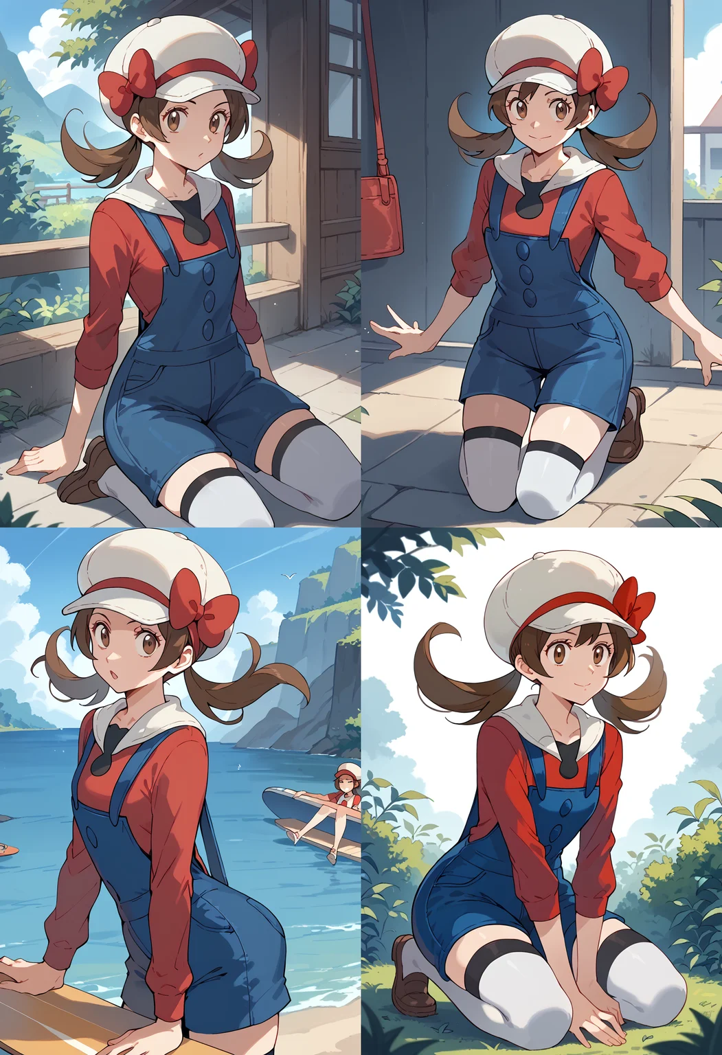 __femalePosesWildcard400_v10/female-poses__, <lora:LyraPony-10:1> Lyura_Def, long hair, brown hair, twintails, brown eyes, hat, cabbie hat, white headwear, ribbon, red ribbon, hat ribbon, shirt, red shirt, overalls, blue overalls, white thighhighs,, score_9, score_8_up, score_7_up, score_6_up, score_5_up, score_4_up,