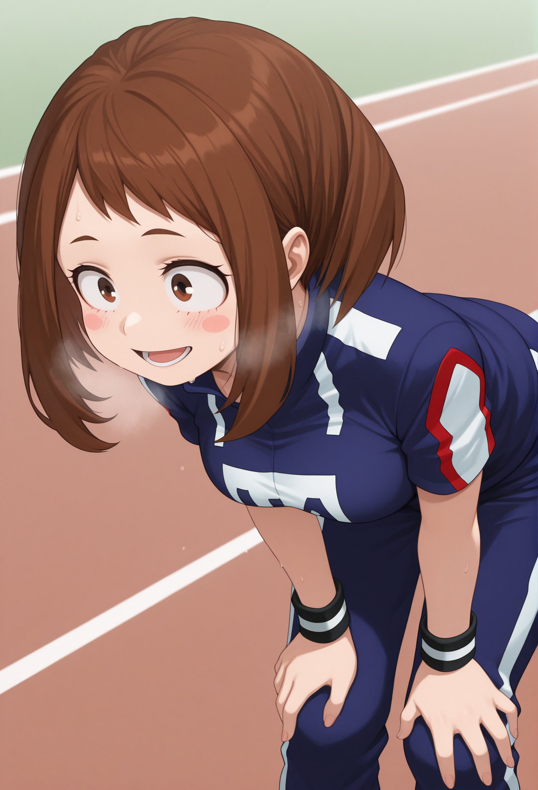 masterpiece, best quality, amazing quality, 1girl, solo, <lora:Illuraraka:1> illuraraka, brown hair, short hair, blush stickers, brown eyes, blue track pants, wristband, sportswear, short sleeves, u.a. gym uniform, hands on own knees, leaning forward, smile, open mouth, heavy breathing, sweat,