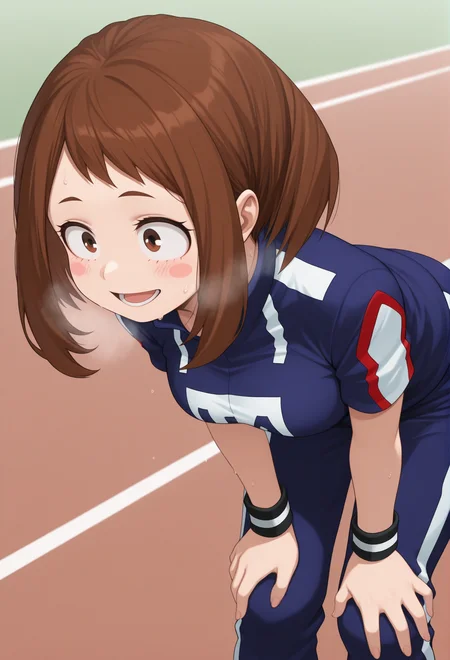 masterpiece, best quality, amazing quality, 1girl, solo, <lora:Illuraraka:1> illuraraka, brown hair, short hair, blush stickers, brown eyes, blue track pants, wristband, sportswear, short sleeves, u.a. gym uniform, hands on own knees, leaning forward, smile, open mouth, heavy breathing, sweat,