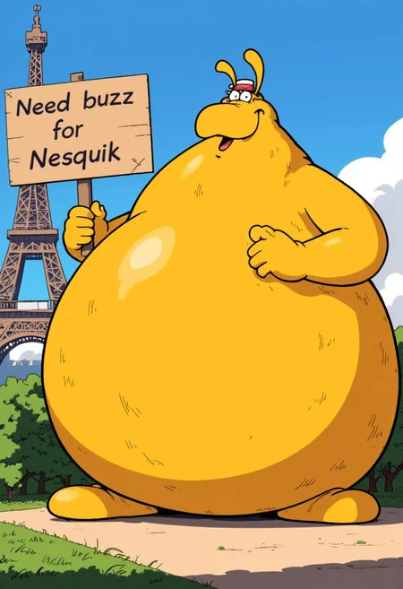 bmstyle, anime, a giant Groquik character with a large round belly holding a cardboard sign that says "Need buzz for Nesquik". Yellow Groquik next to the Eiffel tower in Paris. 4K, soft lighting, high detail.