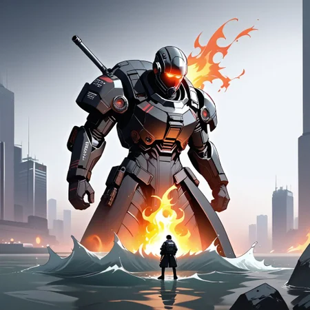 (Full Body view)+++, HD, Anime, 10k Res, gritty, noir, source_anime+, bright, (Perfect Cell Shading), (source_anime)+, (masterpiece)+, best quality, (censor), detailed eyes, zyrnox style, Magic, Fantasy, Military, Cyberpunk, Futuristic Soldier, Include a element of: Air, Water, Fire, or Earth.
