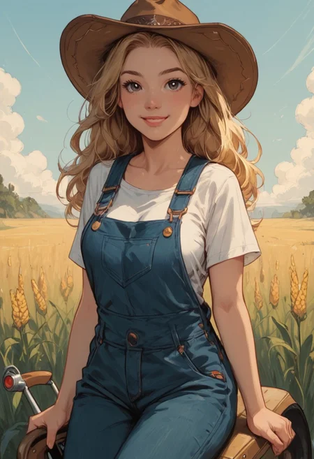 score_9, score_8_up, score_7_up, score_6_up, 1girl, 24yo, solo, gorgeous girl , farmer girl , cute face, cute smile, cute cheeks , beautiful hazel eyes, blonde hair, long hair, cowboy hat, riding a green tractor, corn field, overalls, medium saggy breasts, deep cleavage, cowboy boots, southern charm, view from the ground, wide shot, rating_safe