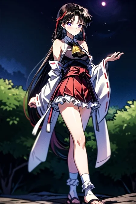 masterpiece, best quality 1girl Setsun4 solo long hair, (night time) forest background black hair very long hair purple eyes multicolored hair armor (fur trim) (medium body),<lora:EMS-179-EMS:0.800000>,<lora:EMS-293862-EMS:0.800000>ascot, bare shoulders, black footwear, detached sleeves, embellished costume, frills, japanese clothes, nontraditional miko, red skirt, sandals, sarashi, skirt, socks, white sleeves, white socks, wide sleeves, yellow ascot, zouri, armor, miko