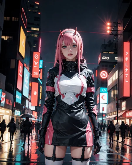 (<lora:Zero_Two_Darling:0.8> Zero_Two_Darling, :1.2), (full length 24 years old adult woman medium bosom:1.1), (Zero Two from Darling in the Franxx), neon pink hair, teal blue eyes, futuristic, metallic horns, cyberpunk, a rogue aI starts a war with humanity Tokyo cityscape, holographic billboards, glowing rain, direct confident gaze, sleek aerodynamic pose, dramatic neon lights, reflective surfaces, rain-soaked streets