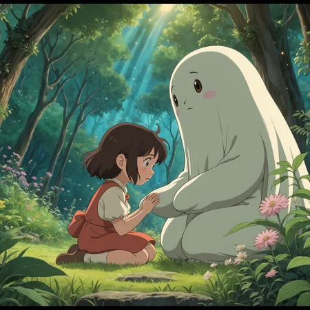 anime screencap, anime, thick outlines, (studio ghibli:1.5), 
Charming ghost, comforting a chibi girl, photorealistic, woodland scene, detailed plants, soft lighting, emotional ambiance, ultra-high resolution, natural colors, cinematic shot, close-up view, medium shot, wide-angle view, low-angle shot, high-angle shot, expressive faces, smooth textures, gentle glow, magical atmosphere, balanced composition, dynamic flow, peaceful vibe, comforting gesture, enchanted forest, twilight