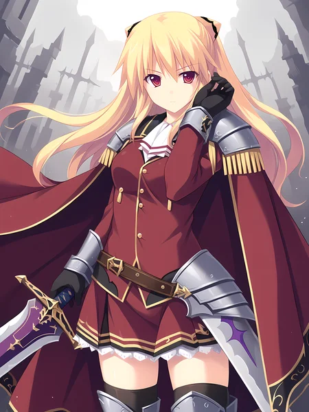 <lora:Madou_Koukaku_-_Eushully:1>,eushully,elmina,1girl,solo,blonde hair,thighhighs,weapon,sword,skirt,long hair,red eyes,armor,zettai ryouiki,black thighhighs,gloves,cape,uniform,greaves,, score_9, score_8_up, score_7_up,source_anime,(masterpiece),(best quality),(ultra-detailed),(best illustration),(best shadow),(absurdres),(detailed background),(very aesthetic),source_anime