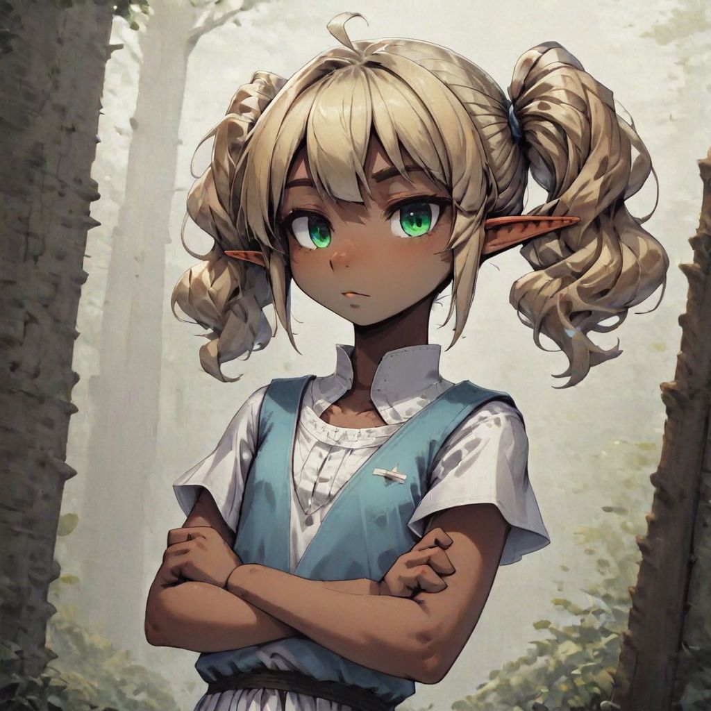 ASCIILapanya, 1 person, 3/4 angle, solo, pointy ears, ((snout nose)), flat chest, fully grown adult, stocky stature, bangs, ((dark tan skin)):1.2, blonde hair, twintail hair, wavy hair, impatient expression, crossed arms, green irises, white tunic, blue vest, white skirt, knee-length spats, standing, ((holding rucksack)), small nostrils, ((3 fingers)), outdoors, fully clothed, clean lines, highly detailed face, high quality, best quality, masterpiece quality, snapshot, close up, rating: g
