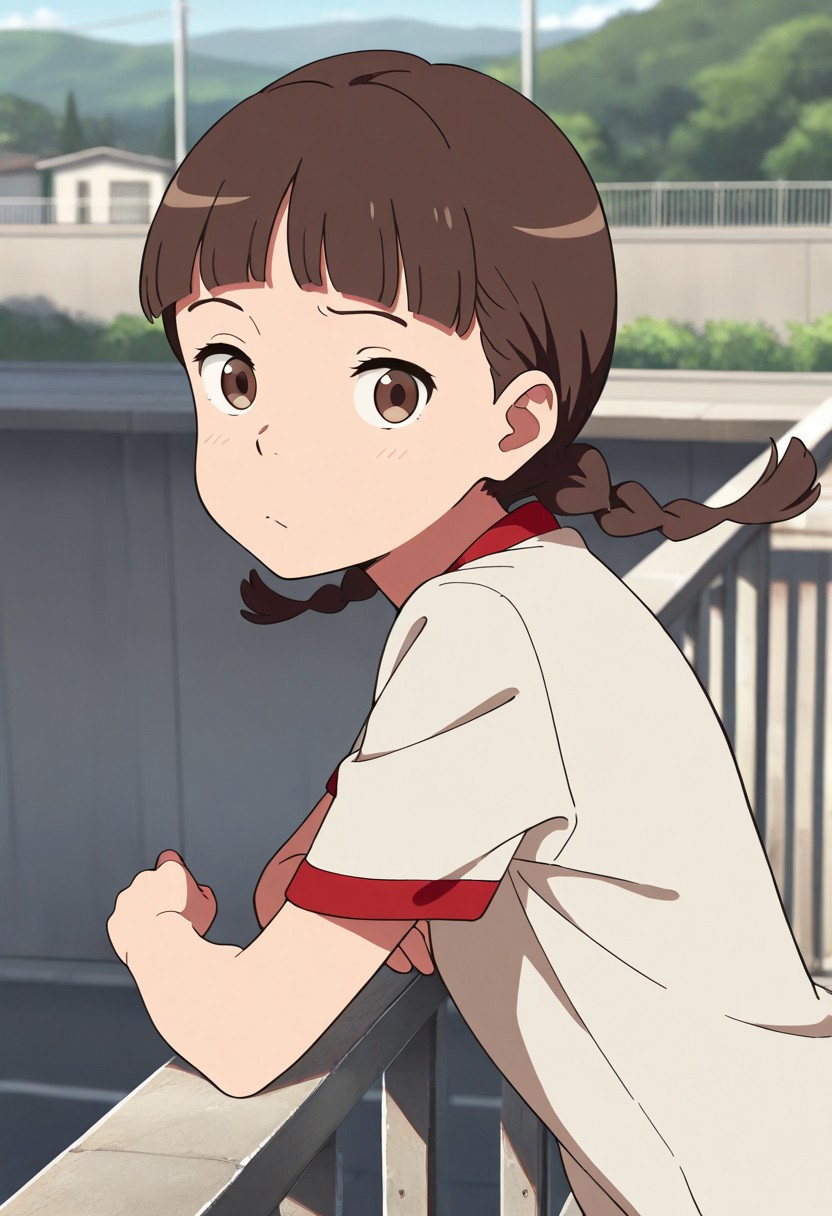 masterpiece,best quality,amazing quality, natori sayaka, brown eyes, brown hair, twin braids, 1girl, solo, braid, outdoors, railing, shirt, blunt bangs, short sleeves, looking at viewer