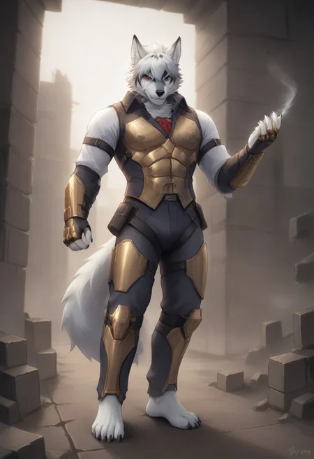 (((Barefoot furry character, full body, cinematic setting, furry male, plantigrade)))
(((Von Lycaon))) wears (((InfinityGauntlet))), marvel cinematic universe, (((using infinity gountlet))), (((using power of infinity stones))), style-swirlmagic, muscular white wolf, (((red and gold armor))), iron suit, metalic armor, goth accessories on outfit, nice feet paws with four toes and claws, feet towards the viewer, feet POV, dynamic pose, (((action pose))), (((modern city ruins in background))), smoke, fire
BREAK, intricate details, highly detailed, extreme detail, octane render, fine art, best quality, highres, (detailed face:1.5), ((full_body)), UHD, (((perfect hands))), low light, anime