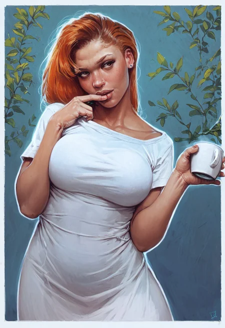 score_9, score_8_up, score_7_up, 1girl, voluptuous, character study, white outline, tight dress, ginger hair, coffee, oversizedshirt, brown eyes, seductive expression,