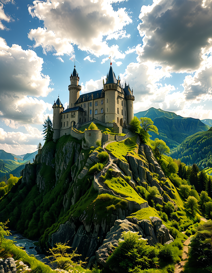 A realistic photograph of a grand medieval castle,medieval c4stl3, perched atop a rugged hill, surrounded by a scenic landscape. The castle is constructed from weathered gray stone, with tall, imposing towers, battlements, and a fortified wall encircling its perimeter. A large central keep rises above the other structures, its windows narrow and arched, evoking a sense of strength and history.
The hill is covered in patches of green grass and rocky outcrops, with a winding dirt path leading up to the castle gates. In the foreground, the surrounding countryside stretches out, dotted with small trees and wildflowers, while in the distance, rolling hills and a faint mist add depth and atmosphere to the scene. The sky above is partly cloudy, with rays of sunlight breaking through, casting dramatic shadows on the castle and hill.
The overall mood is majestic and timeless, capturing the grandeur and mystery of medieval architecture in harmony with its natural surroundings.<lora:SDXLFaeTastic2400:0.4> <lora:extremely_detailed:0.4> extremely detailed, <lora:medieval_c4stl3:1>, Masterpiece,best quality,hi res,8k,hi res,8k,award winning,(sharp focus, intricate, highly detailed),