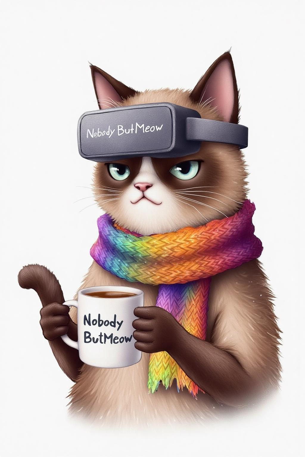 illustration.
Grumpy Cat holding a coffee mug, wearing a VR Headset and wearing a rainbow colored scarf. The mug has the phrase "NobodyButMeow" printed <lora:alicesa1_cap_d6a3:1.0><lora:830711344652155539:0>