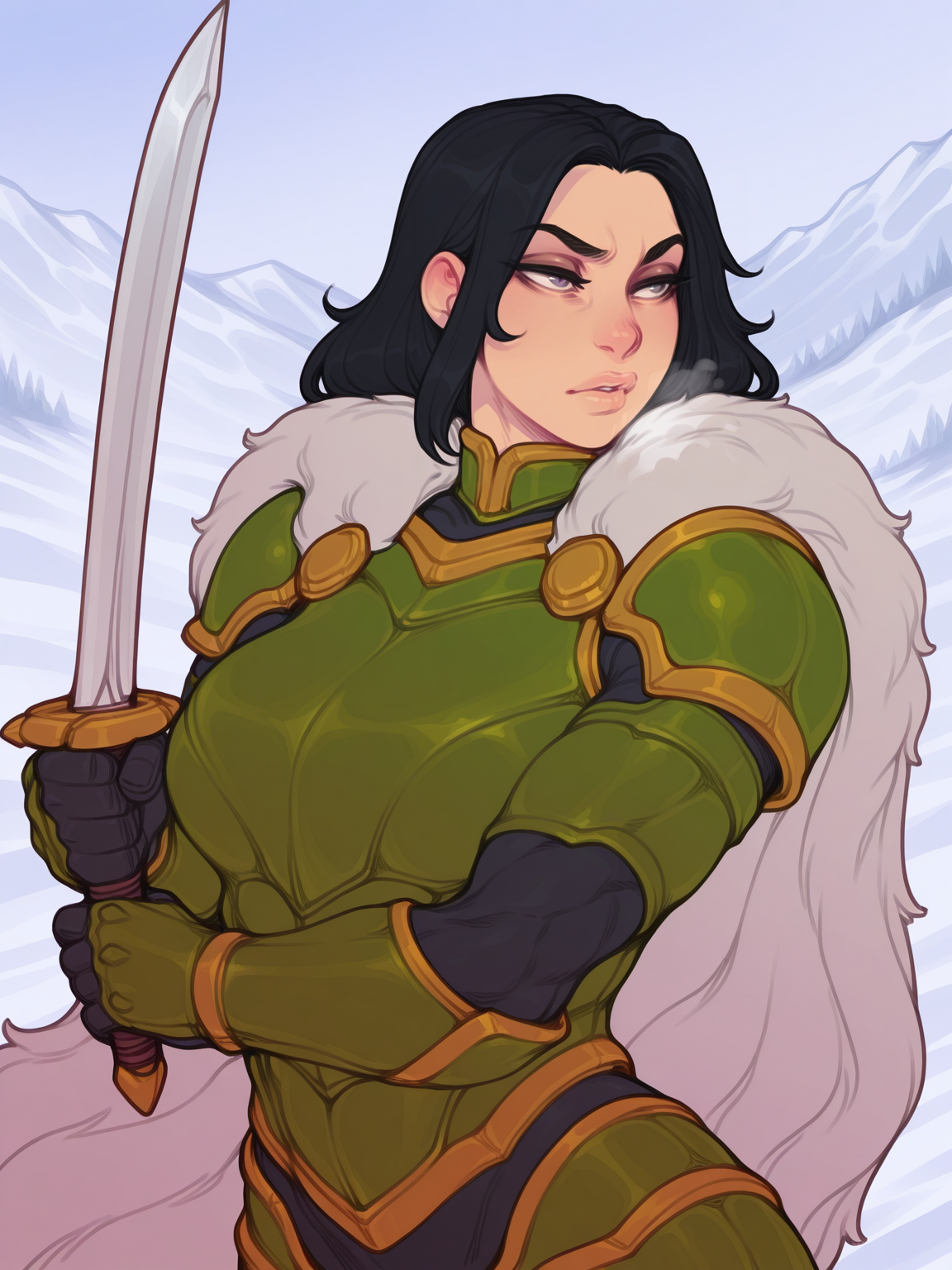 1girl, mature female, black hair, muscular female, green armor, gloves, fur cape, holding sword, battle stance, snow, mountains, solo, upper body,
, djcomps, <lora:djcompsIL:0.8>, masterpiece, best quality, amazing quality, flat colors