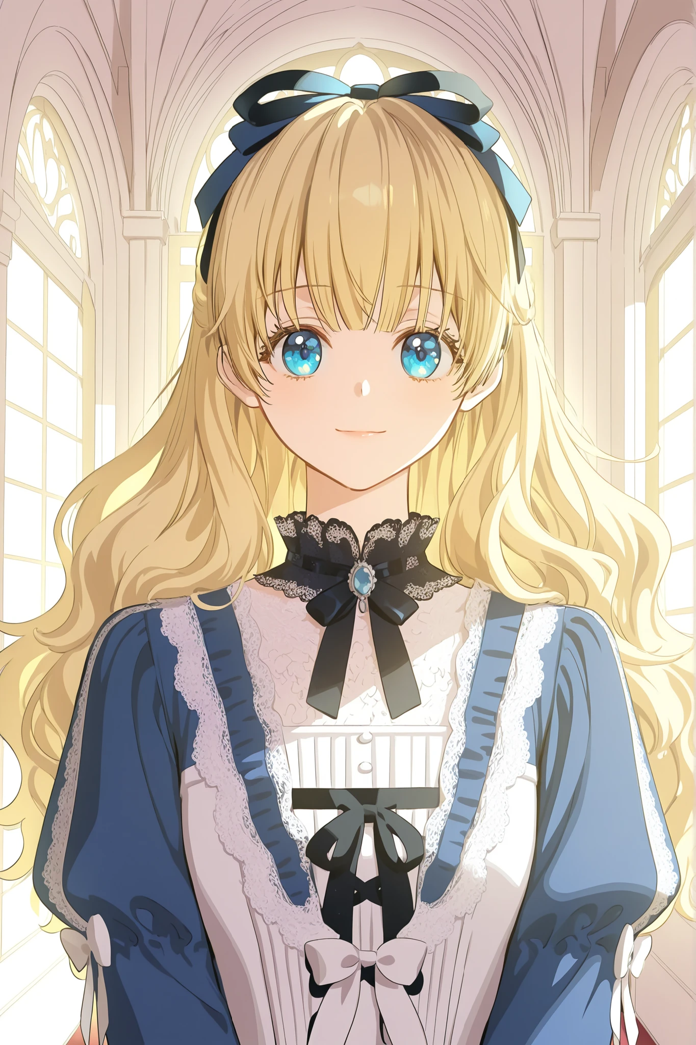 masterpiece, best quality, absurdres, high quality, detailed illustration, delicate features, bluewhitedress, 1girl, solo, athanasia, blonde hair, blue eyes, wavy hair, long hair, bangs, hair ribbon, blue ribbon, hair bow, dress, blue dress, white dress, layered dress, puffy sleeves, lace cuffs, white lace, white bow, ribbon lacing, black ribbon, looking at viewer, gentle expression, calm smile, natural lighting, indoors, palace corridor, window light, detailed background, upper body, sharp focus