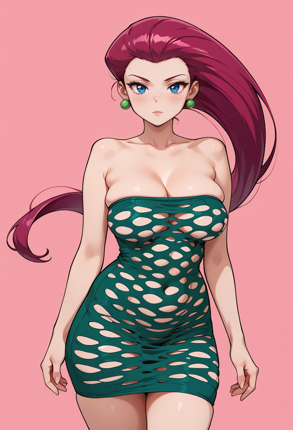 masterpiece, best quality,
1girl, cowboy shot, 
standing, 
looking at viewer, 
jessie \(pokemon\), large breasts, 
Strapless_Pothole_Tube_Dress_SKNSFW, short dress, strapless dress, Pastel Green dress, skindentation, 
simple background, pink background, 
 <lora:Strapless Pothole Tube Dress SKNSFW:1.0>