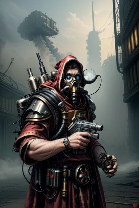 ((masterpiece,best quality)), absurdres, BREAK
mechanical arms, robes, hood, BREAK
((techpriest)), cyborg, mechanical face, mechanical limbs, gas mask, mechanical tentacles, (mechanical backpack), BREAK
1other, solo, holding pistol, firearm, handgun, pistol, gun, BREAK
factory background, smoggy sky, air pollution, smokestacks, BREAK
(internet horror face)