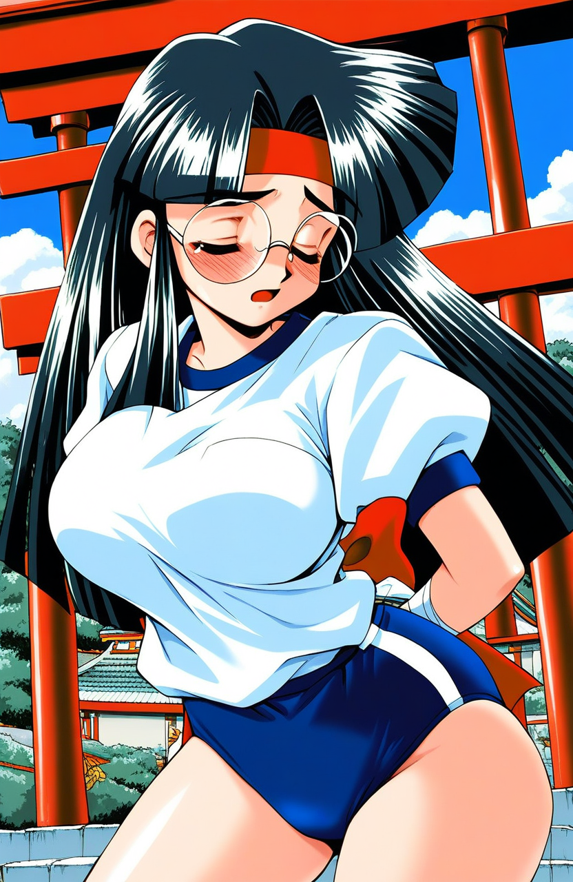 score_9, score_8_up, score_7_up, source_anime, rating_explicit, BREAK  <lora:Aoyama_Momoko_XL:1> AoyamaMomoko, long hair, black hair, red headband, large breasts, bandages, closed eyes, blunt bangs,
1girl, solo, 1990s (style), ã
round glasses
dark blue buruma, blush, white gym uniform, closed mouth, cowboy Shot,
full-face blush, sad,
outdoor, sky,shrine,
open mouth,