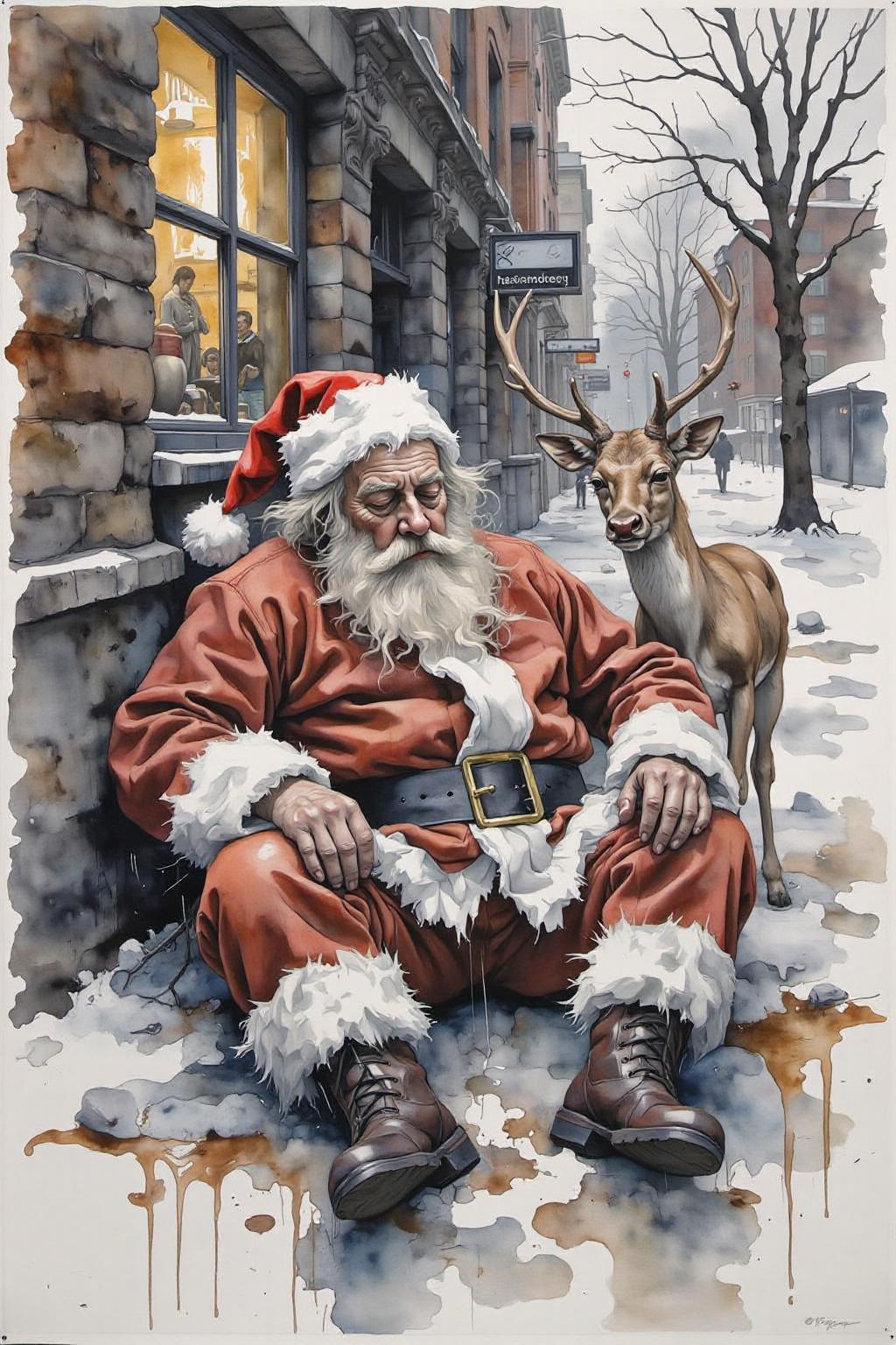 yawc1 watercolor. Homeless Drunk Santa Claus sleeping rough on the street with Rudolph the red-nosed reindeer   <lora:yawcolor_nocap1_d4a2:1.0> <lora:Flux-Sch-SingleBlocks-BF16:1.0><lora:799522039473044609:0>