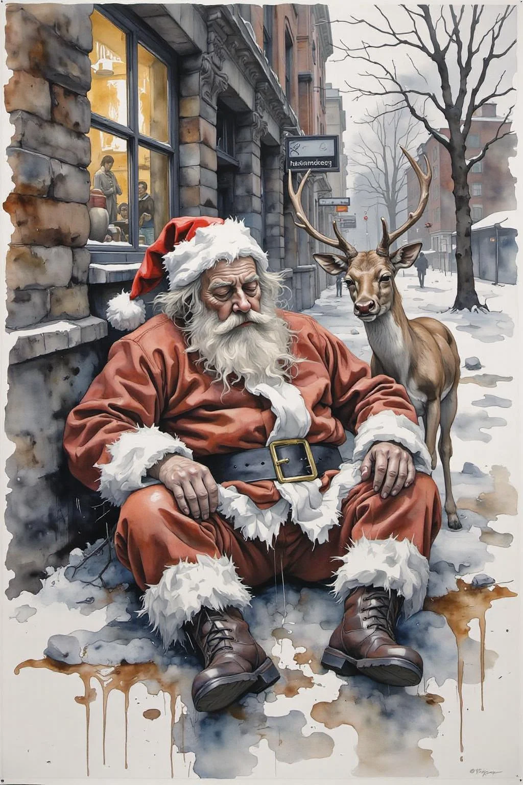 yawc1 watercolor. Homeless Drunk Santa Claus sleeping rough on the street with Rudolph the red-nosed reindeer <lora:yawcolor_nocap1_d4a2:1.0> <lora:Flux-Sch-SingleBlocks-BF16:1.0><lora:799522039473044609:0>
