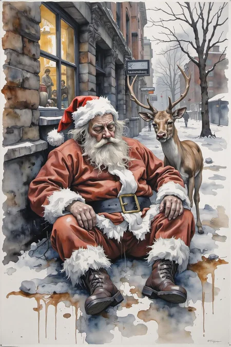 yawc1 watercolor. Homeless Drunk Santa Claus sleeping rough on the street with Rudolph the red-nosed reindeer <lora:yawcolor_nocap1_d4a2:1.0> <lora:Flux-Sch-SingleBlocks-BF16:1.0><lora:799522039473044609:0>