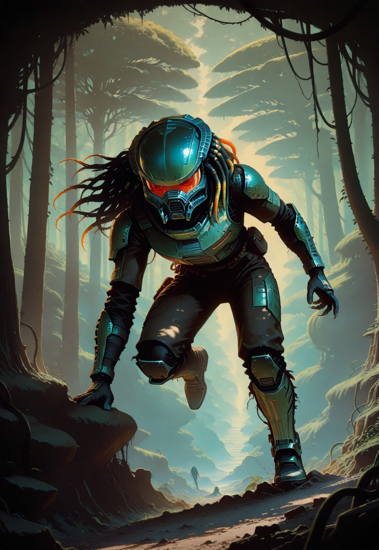 1other, predator (movie), alien, wired hair, visor, metallic, no humans, armor, lurking, dynamic pose, jungle, lush nature, tropic plants, liana, vines, dense verdure, dappled light, tree light, full body, dynamic angle, horror \(theme\), depth of field, focused subject, photo(medium), painterly, no lineart, no outline,anime coloring, masterpiece, best quality, good quality, very awa, very aesthetic, absurdres, newest, 8k, high contrast, sci-fi, illustration, retro,