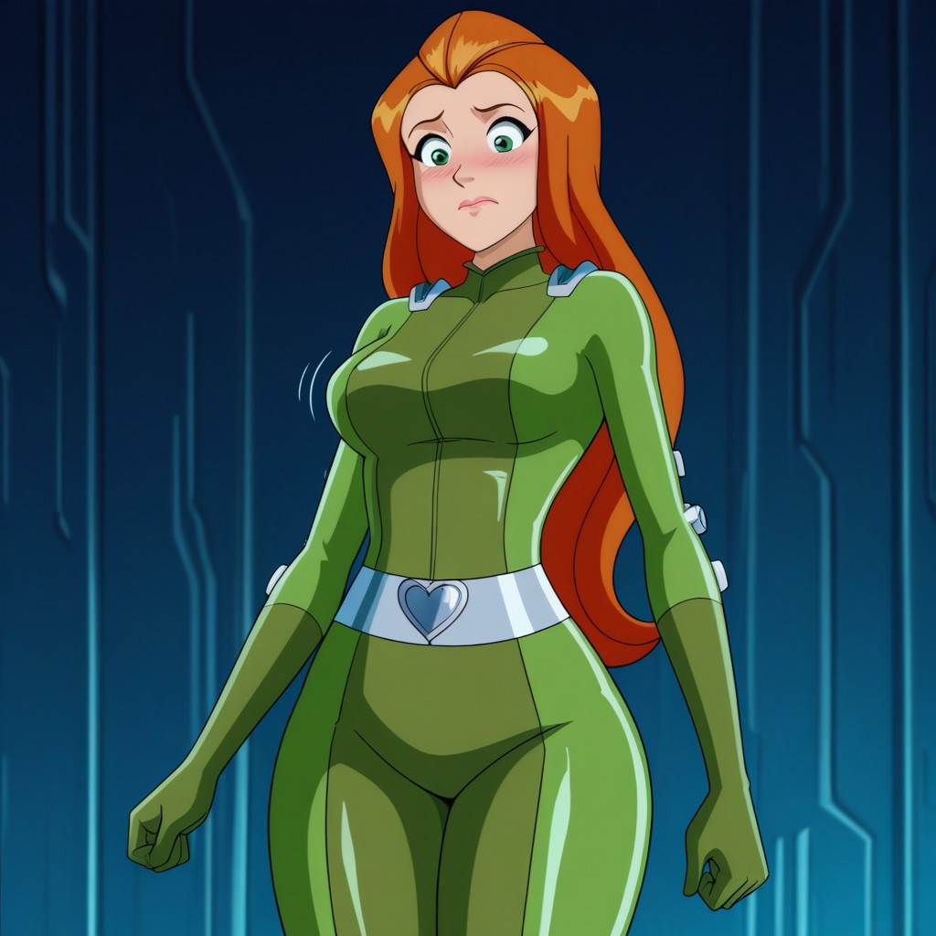 masterpiece, best quality, good quality, 1girl, solo, parody, season6-style, sam_totally_spies, long hair, orange hair, green eyes, green bodysuit, sexy, medium breasts, beautiful, detailed, high detailed, very beautiful, detailed face, detailed eyes, detailed hand, abstract background, neon,  face focus, (close-up) looking down,  shocked, blush, closed mouth, breast expansion, thick thighs, wide hips, curvy, off balance, thick thighs, wide hips, scared,