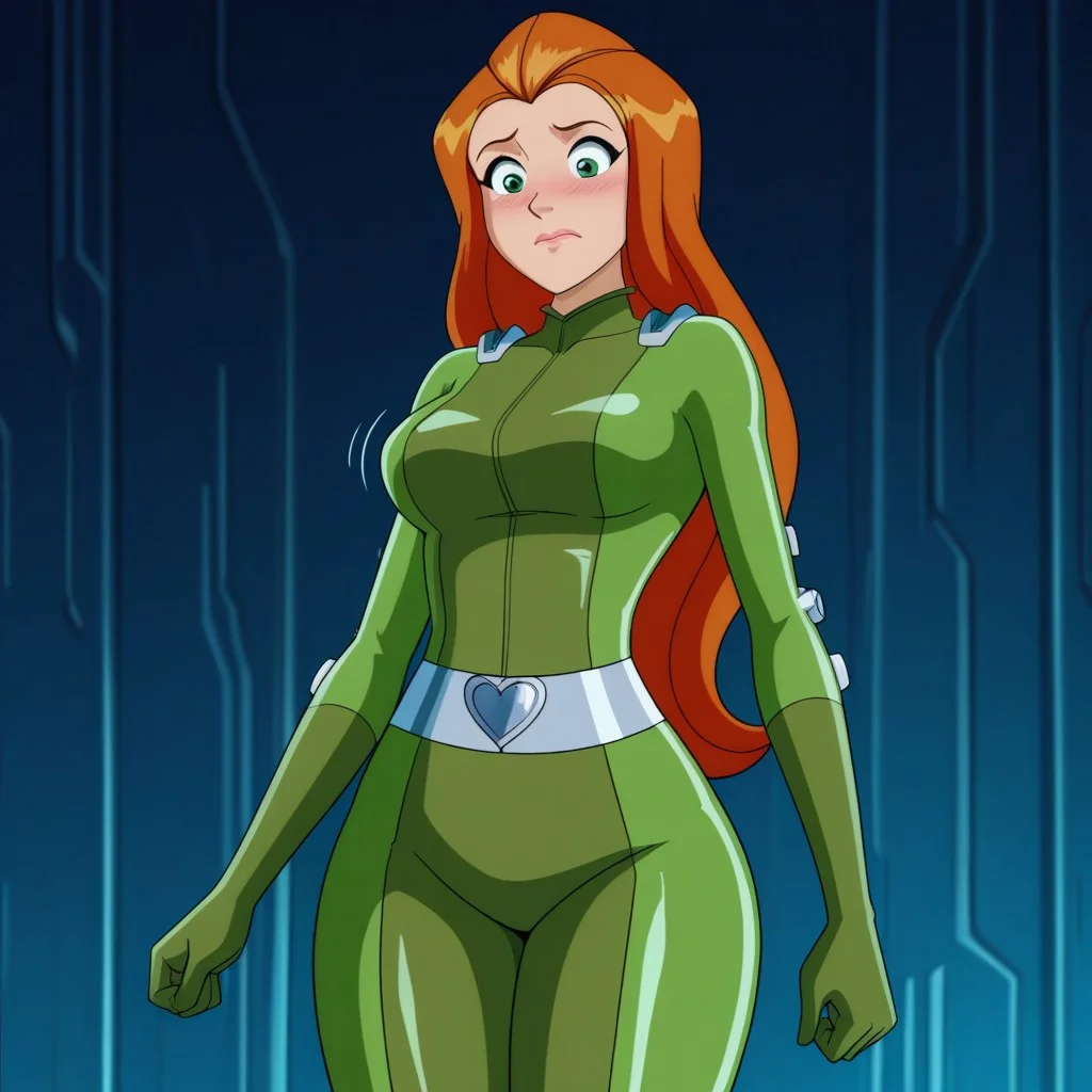 masterpiece, best quality, good quality, 1girl, solo, parody, season6-style, sam_totally_spies, long hair, orange hair, green eyes, green bodysuit, sexy, medium breasts, beautiful, detailed, high detailed, very beautiful, detailed face, detailed eyes, detailed hand, abstract background, neon,  face focus, (close-up) looking down,  shocked, blush, closed mouth, breast expansion, thick thighs, wide hips, curvy, off balance, thick thighs, wide hips, scared,