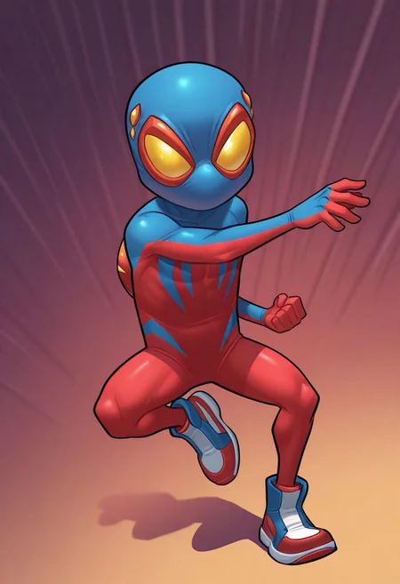 1boy, male focus, cute boy, BaileyBriggs, Mask, Yellow Eyes, Spiderboy Costume, Two-tone Bodysuit, Red Bodysuit, Blue Bodysuit, Red Blue Sneakers, cinematic, intricately detailed illustration, depth of field, masterpiece, best quality, amazing quality, very aesthetic, absurdres, newest, very awa, shadow, dynamic angle, casual cosplay, dynamic pose,  action pose,