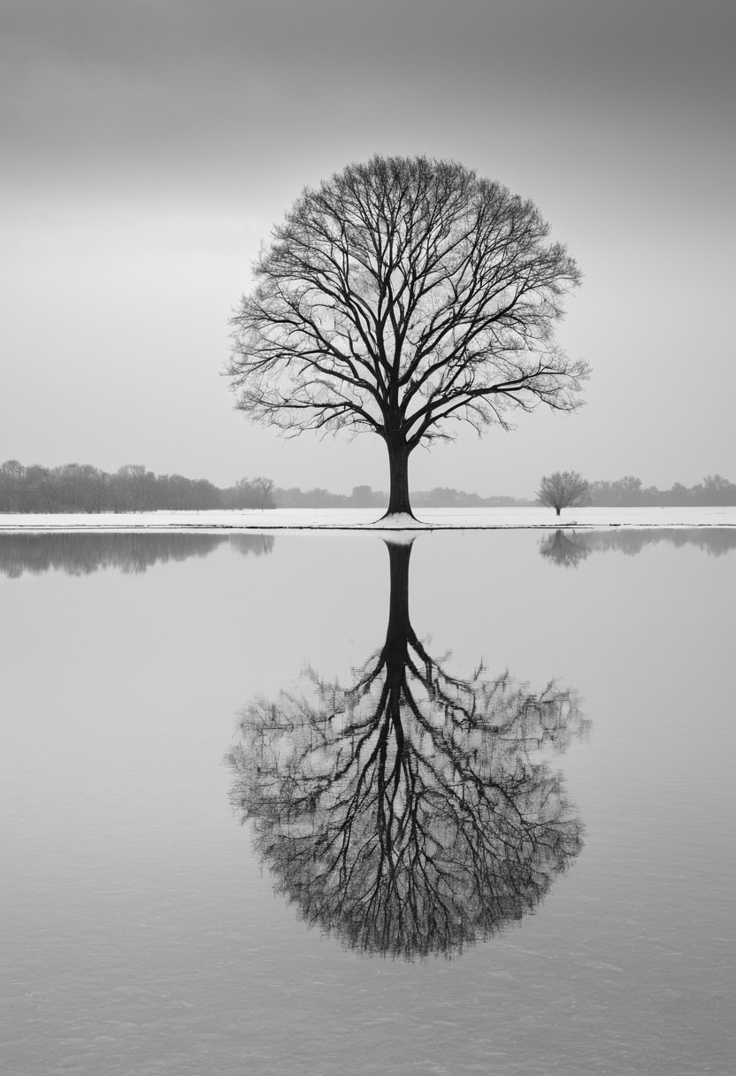 masterpiece, high quality, RAW photo, reflection, outdoors, no humans, monochrome, scenery, water lake, bare tree, boat, photo, serene, snow-covered winter landscape. solitary tree standing on a thin strip of land, which is the only visible vegetation The tree, devoid of leaves, is tall and bare, its branches reaching out in a symmetrical pattern, creating a stark silhouette against the pale, overcast sky. ground is blanketed in a thick layer of snow, creating a pristine, white expanse that extends from the tree towards the viewer., photorealistic, 8K, highly detailed, (snowing)