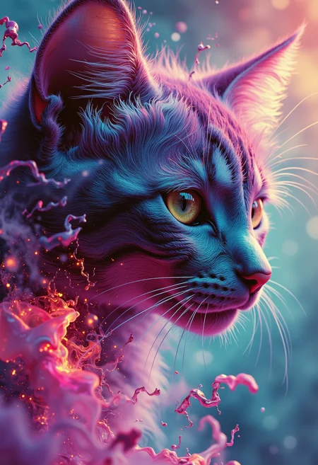 extreme quality, cg of a detailed kitten, detailed face+eyes, (bright colors), splashes of color background, colors mashing, paint splatter, complimentary colors, electric, neon, magical, (thunder cat), impatient, (limited palette), synththwave, masterpiece, fine art
