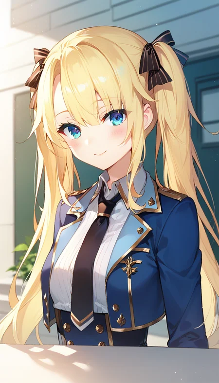score_9,score_8_up,score_7_up,score_6_up BREAK official art,solo,outdoors,upper body,(portrait:1.5),looking at viewer,facing viewer,smile,blush,Regina Mercedes,very long hair,blonde hair,twintails,hair ribbon,black ribbon,sidelocks,hair between eyes,bangs,blue eyes,blue jacket,cropped jacket,open jacket,wing collar,black necktie,white shirt,collared shirt,dress shirt,long sleeves,medium breasts,double-breasted,white belt,blue skirt,high-waist skirt,pleated skirt,frilled skirt,thigh strap,white thighhighs,zettai ryouiki,mary janes,black footwear,<lora:Regina Mercedes(sgmt)-Pony:1.2>,