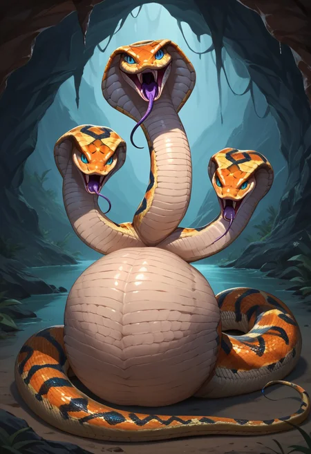 score_9, score_8_up, score_7_up, score_6_up, score_5_up, score_4_up, source_furry, source_monster, digital painting, digital art, detailed background, solo, 1girl, furry, snake girl, Hydra, 3heads, gigantic snake body, thick snake tail, beautiful woman, scale, scalie, cave, horror lair, vore, swallowed, snake Vore, deep throat, big belly, bulging belly, detailed scale
