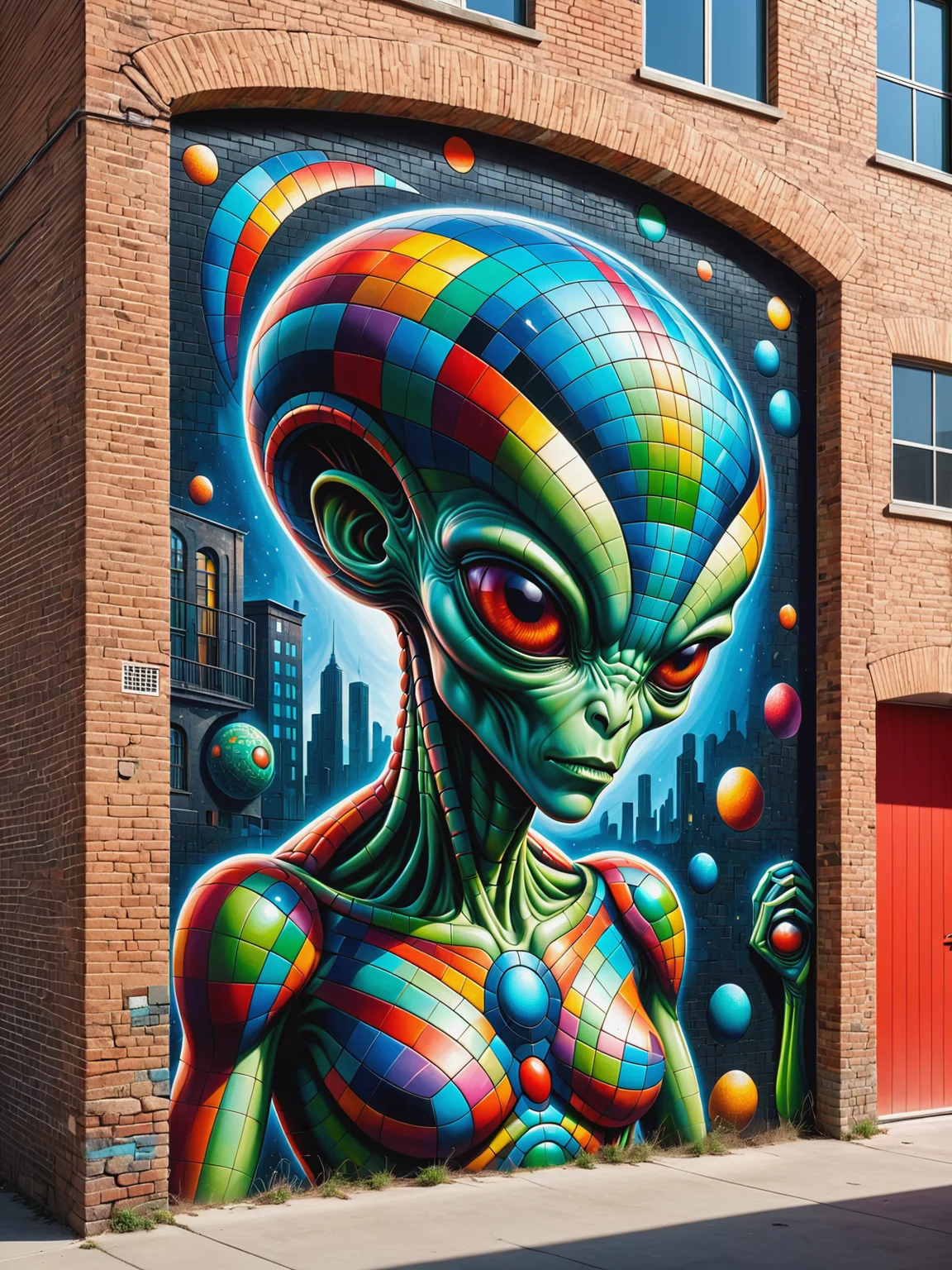 old warehouse with a mad_colorful_mosaic mural of an alien, brick walls, city <lora:Colorful_Mosaic_SDXL:0.6>, (masterpiece:1.2), best quality