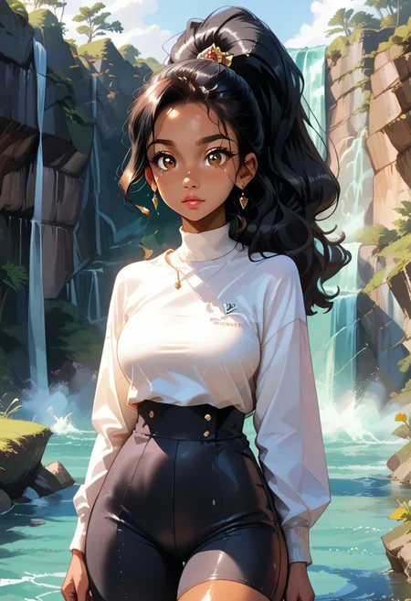 masterpiece, best quality, highres, score_9, score_8_up, score_7_up, score_6_up, score_5_up, score_4_up, score_9, score_9, BREAK, zPDXL2, 1girl, , ami reyes, amihan ami reyes, almond-shaped brown eyes, Long wavy black hair, tied in a high ponytail, medium tan, dark skin, ,, wearing a dramatic cape, standing on a cliff overlooking the ocean at dawn, wind blowing through her hair ((swooping breasts:1.2)), (((large swooping breasts:1.4))), large swooping breasts, plumpy chest, (super tight, fat is overflowing plump), super tight, overflowing pump in clothes, exposed cleavage, deep cleavage, narrow waist, (slender waist:1.1), ((thick thighs:1.2)), (wide hips), WET BODY, SPLASH OF WATER, river, ocean, waves of ocean,(waterfalls background)