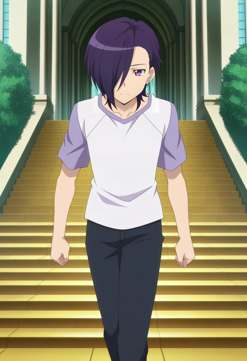 masterpiece, best quality, intricate details, anime screencap, anime coloring, official style,, 1boy, solo, male focus, <lora:hanzou_urushihara_ilxl:0.92>, hanzou_urushihara, purple hair, purple eyes, hair over one eye, short hair, , white shirt, raglan sleeves, sunlit plaza, golden steps, light fountains, radiant arches, walking pose, jubilant expression, afternoon glow,