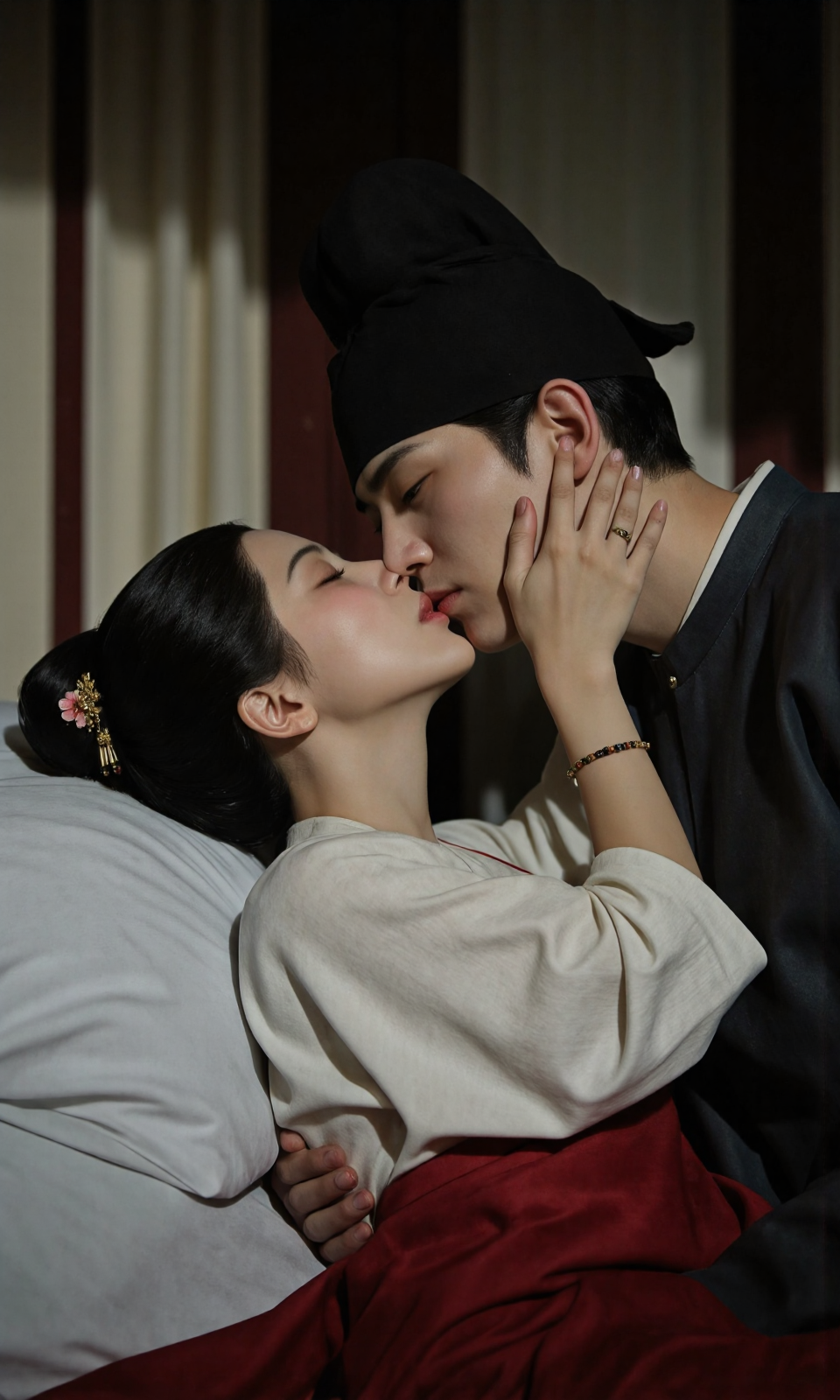 Top Atmosphere Photography Works, extremely realistic, Art by Zhang Jing, 

(gsfh, 1girl and 1boy, kiss, couple, hetero, lyz and lc, lyz at left, lc at right), 
(1girl/lyz, princess, hanfu, bracelet, closed eyes, long sleeves, single hair bun, earrings, chinese clothes, black hair, hair bun, flower, hair ornament, jewelry), 
(1boy/lc, Round-collar robe, hat, hanfu), 
architecture, bed, curtain, close-up, 
 
light from one side, dark shadow,

(photorealistic:1.5), (Extremely realistic, masterpiece, top quality, official art, best quality, beautiful and aesthetic:1.2), 4k, 8k, very rich details, 24bit colors, vivid colors, cinematic color grading, landscape,