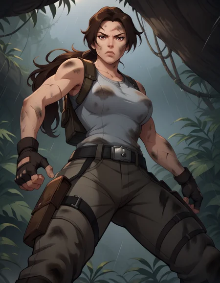 score_9, score_8_up, score_7_up,score_6_up, score_5_up, score_4_up ,
1girl, solo,
large breasts,
LaraDG,
long hair, ponytail, brown hair, brown eyes, 
fingerless gloves, boots, belt, pants, tank top, grey shirt, 
dirty, cuts, serious, torn clothes, dirty clothes, 
jungle, night, rain, 
fighting stance,
from below,
 <lora:Lara Croft LoLC PXL v01:0.90>