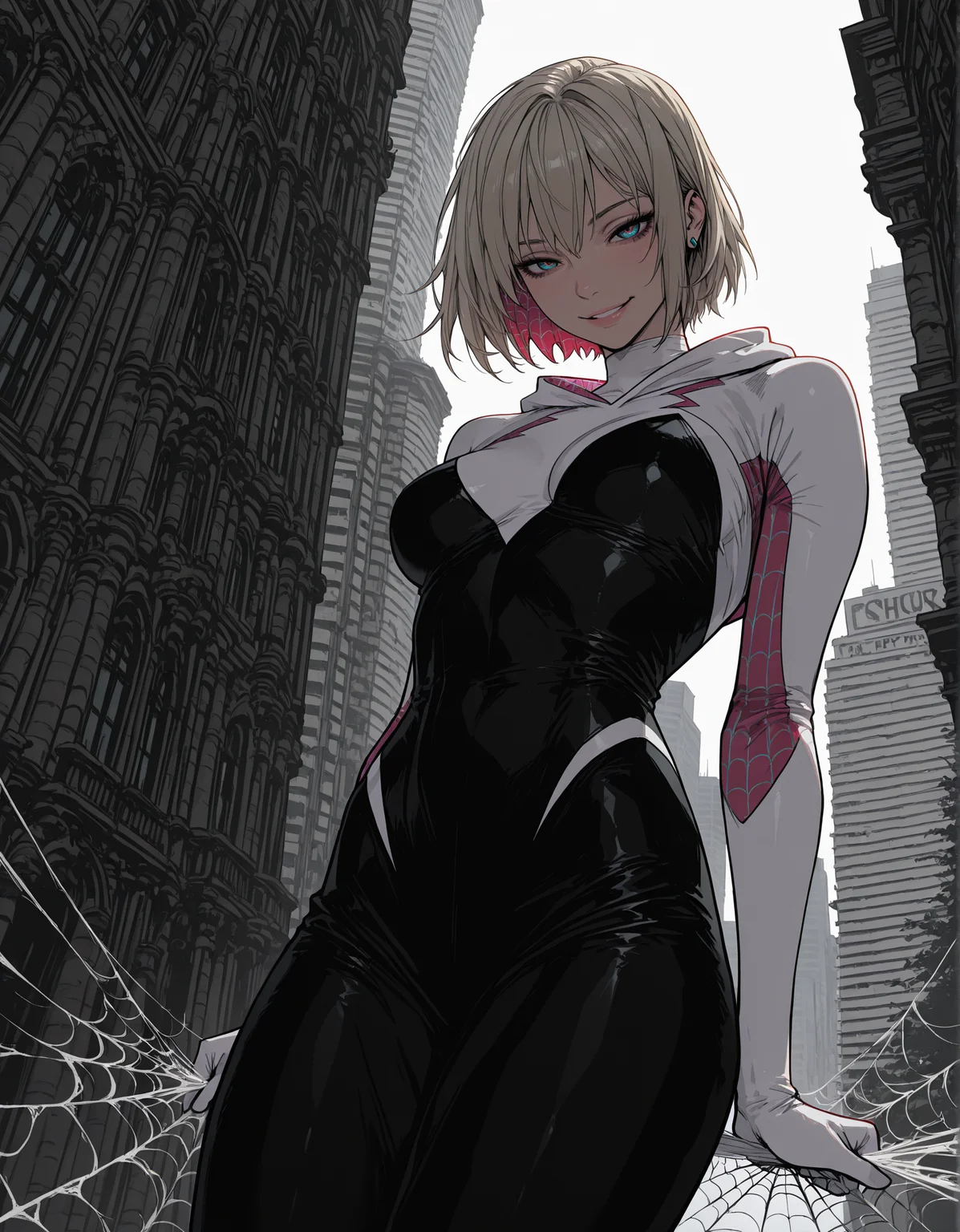 masterpiece, best quality,high quality, newest, highres,8K,HDR,absurdres, 1girl, solo, spider gwen, platinum blonde, short hair, spider webs, new york city, web slinging, happy, detailed background, <lora:iLLMythSmo0thL1nes:1> Smo0thL1nes