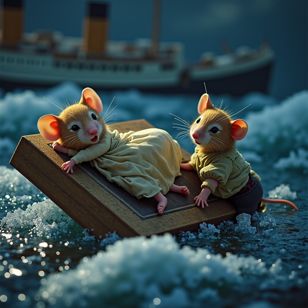 A scene inspired by James Cameron's Titanic, but with anthropomorphic mice instead of human characters. The female mouse, resembling Rose, is lying on a floating wooden door, clinging to it for safety. The male mouse, representing Jack, is holding onto the edge of the door from the icy water. Both mice are wearing tiny, tattered versions of early 20th-century clothing: Rose in a small dress and Jack in a simple shirt and pants. The background should show a dark, stormy night with icy waters and fragments of the Titanic in the distance. The mice's expressions should convey emotion, with Rose looking worried and Jack determined but cold