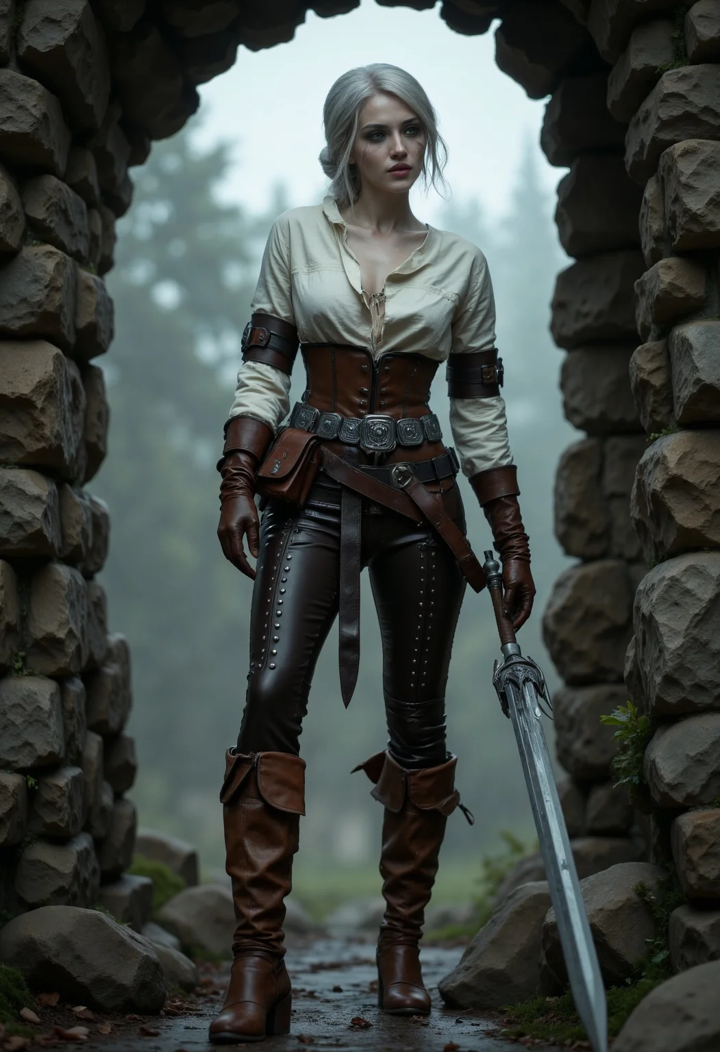 CiriW, a high-resolution, fantasy-themed portrait featuring a woman standing in an ancient stone archway. She has fair skin and white hair. Her attire is a detailed, medieval-inspired outfit consisting of a white blouse with a deep neckline, brown leather pants adorned with silver studs, and knee-high brown boots. She wears a wide leather belt with ornate silver buckles and a pouch attached. Her right hand holds a silver sword, and she wears brown leather gloves. The background is a misty, forested area, adding to the mystical atmosphere. The overall color palette is muted, with earthy tones and a soft focus on the background, emphasizing the subject's striking appearance. <lora:FluxCiriWV1:1> <lora:FluxMythR3alisticF:0.8> R3alisticF