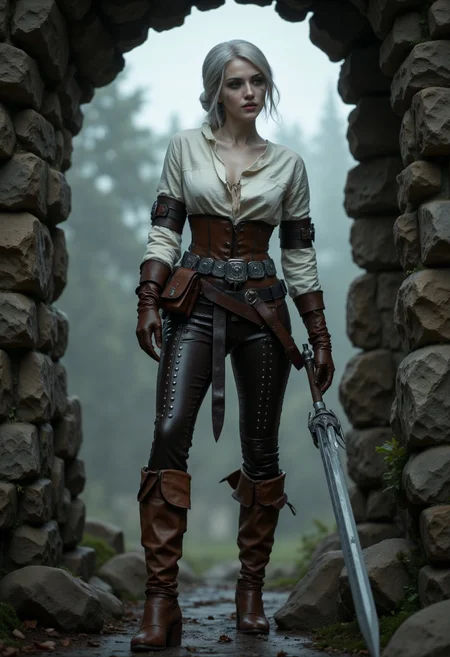CiriW, a high-resolution, fantasy-themed portrait featuring a woman standing in an ancient stone archway. She has fair skin and white hair. Her attire is a detailed, medieval-inspired outfit consisting of a white blouse with a deep neckline, brown leather pants adorned with silver studs, and knee-high brown boots. She wears a wide leather belt with ornate silver buckles and a pouch attached. Her right hand holds a silver sword, and she wears brown leather gloves. The background is a misty, forested area, adding to the mystical atmosphere. The overall color palette is muted, with earthy tones and a soft focus on the background, emphasizing the subject's striking appearance. <lora:FluxCiriWV1:1> <lora:FluxMythR3alisticF:0.8> R3alisticF