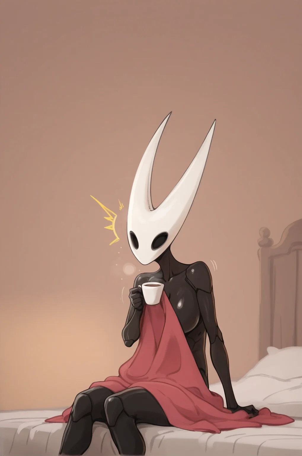1girl, hollow eyes, hornet \(hollow knight\), on bed, sitting, covering with blanket, ^^^, holding cup of coffee, surprised, facing viewer <lora:Hornet_hollow_knight_Illustrious-000007:1>,, masterpiece, best quality, newest, absurdres, highres, new, (khyle.:0.8), aoi nagisa \(metalder\), ittla